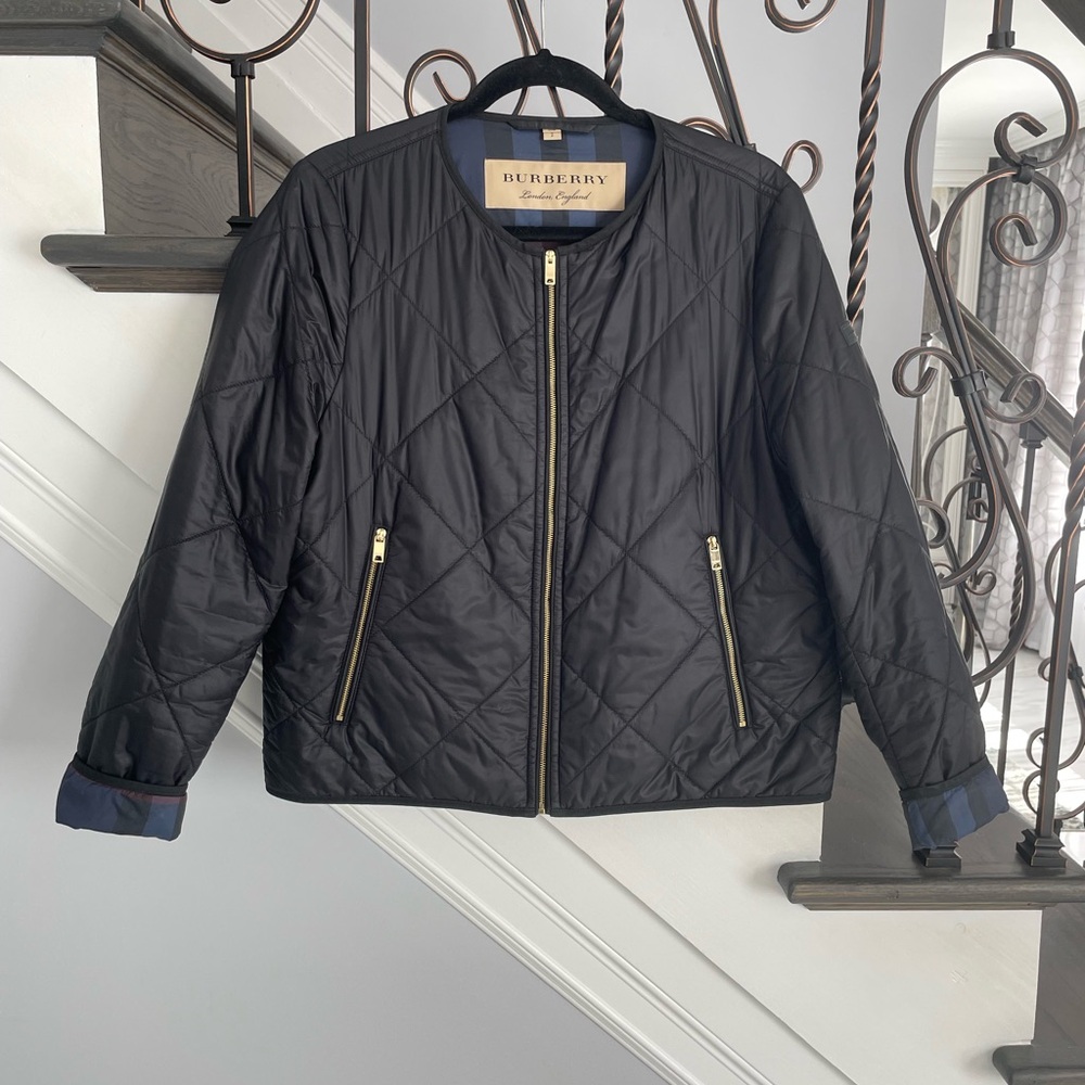 Burberry Ladies Black Quilted Bomber Jacket with Gold Zipper Size Small